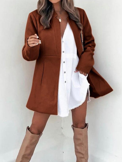 Solid Color Slimming Long Sleeve Pocket Woolen Women's Coat