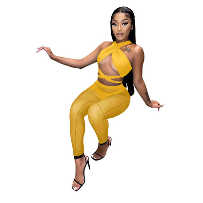 Women's Hollow Halter Cross Mesh Panel Three Piece Set