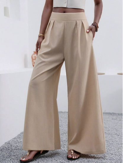 Solid Color Loose Wide Leg Elegant Pants With Pocket