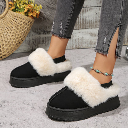 Winter Plush Home Slippers With Back-heeled Elastic Band Design Fashion Round Toe Flat Garden Shoes Warm Floor Slipper For Women