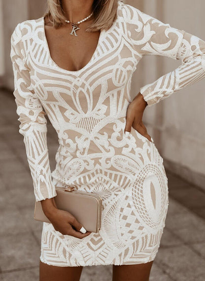Light v-neck casual mesh embroidered long sleeve dress