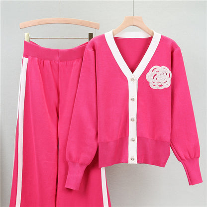 Sweaters Suit V-neck Long-sleeved Cardigan Loose Wide-leg Pants Two-piece Set