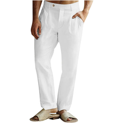 Men's Casual Cotton Linen Pants Pleated Elastic Waist Pants