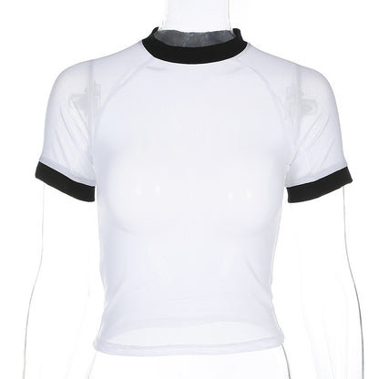 Women Summer White Mesh Transparent Breathable Short Sleeve T-Shirt