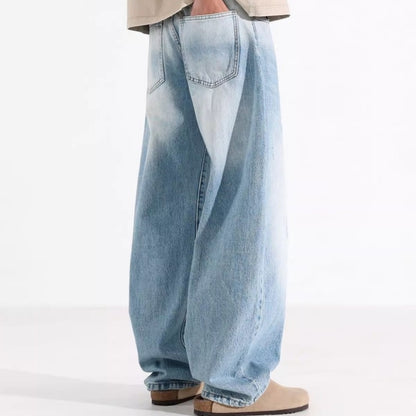 Design Washed Blue And White Machete Jeans Men's American Style