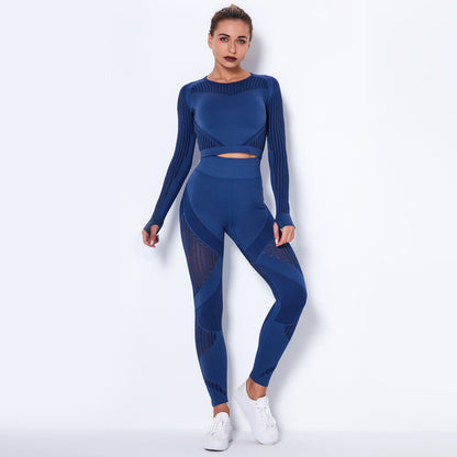 Seamless Knitted Sexy Yoga Clothing Suit Striped Hollow Running Training Sports Fitness Clothing