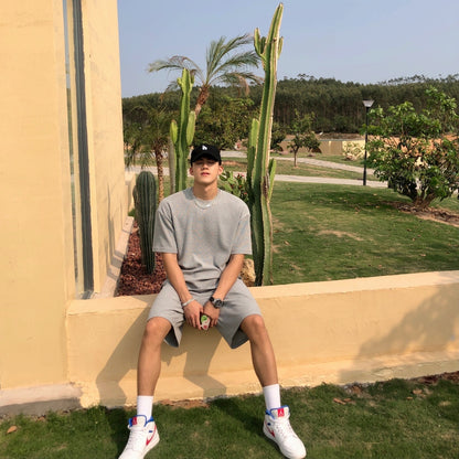 Bare Arms Summer New Loose Cotton Sports Casual Suit Waffle Short Sleeve T-shirt Quarter Shorts For Men