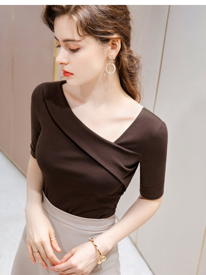 Pure Cotton Sleeve T-shirt Women Spring And Summer New Style Compassionate Small Shirt Five-Point Sleeve Exposed Clavicle Diagonal Shoulder Top