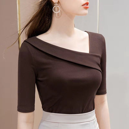 Pure Cotton Sleeve T-shirt Women Spring And Summer New Style Compassionate Small Shirt Five-Point Sleeve Exposed Clavicle Diagonal Shoulder Top