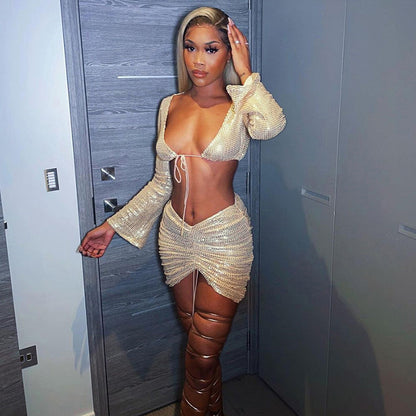 Summer New Atyle Aequin Atrap Cardigan High Waist Bag Hip Skirt Casual Suit