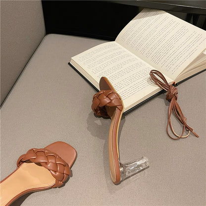 Summer New Fashion Woven 2 Ways To Wear Slippers Female Transparent Crystal Heel Lace High Heel Open Toe Sandals