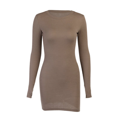 Waffle Round Neck Pullover Long Sleeve Dress