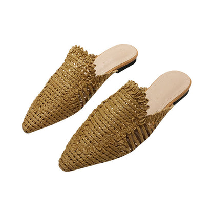 Womens Flats Shoes Mules Rattan Slippers Hollow Slipper Pointed Toe