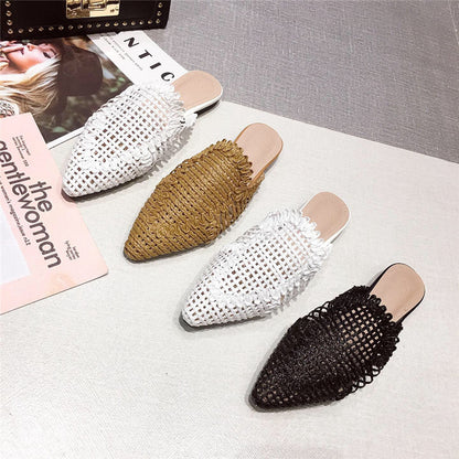 Womens Flats Shoes Mules Rattan Slippers Hollow Slipper Pointed Toe