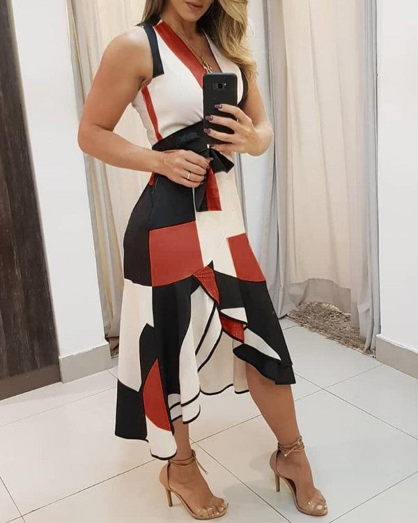 Sleeveless irregular waist color matching dress