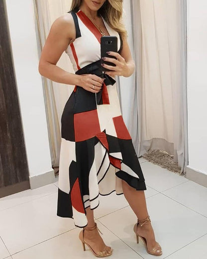 Sleeveless irregular waist color matching dress