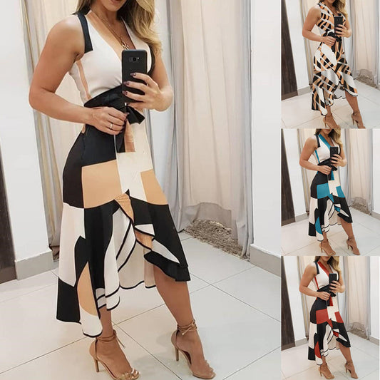 Sleeveless irregular waist color matching dress