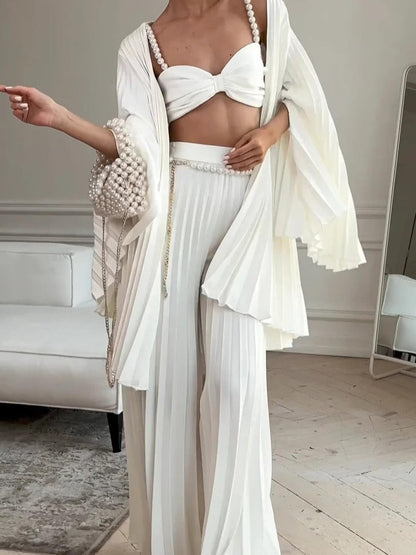 White Pleated Vest Cardigan Three-piece Wide-leg Pants Suit