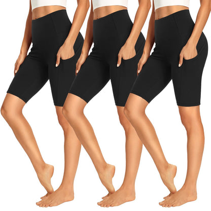3 Pack Biker Shorts For Women High Waist With Pockets - '' Summer Tummy Control Spandex Workout Running Yoga Shorts