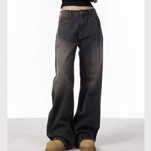 Retro Washed Splash-ink Straight Jeans For Women Loose Straight Trousers