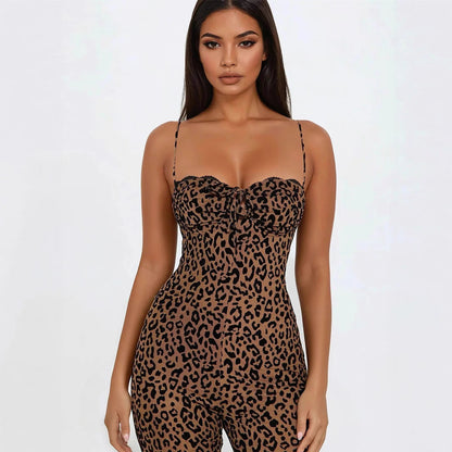 Sleeveless Leopard Print Backless Slim Fit Strap Tube Top Women's High Waist Hip Lift Jumpsuit