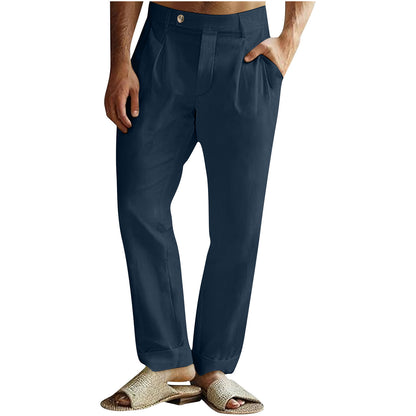 Men's Casual Cotton Linen Pants Pleated Elastic Waist Pants
