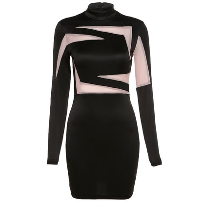 Long Sleeve Round Neck Contrast Color Fashion Hip Dress