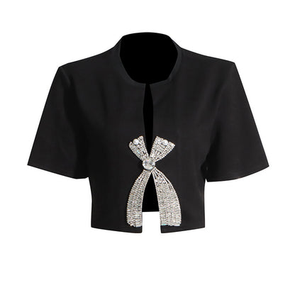 Fashion Simple Rhinestone Bow Short Sleeve T-shirt For Women