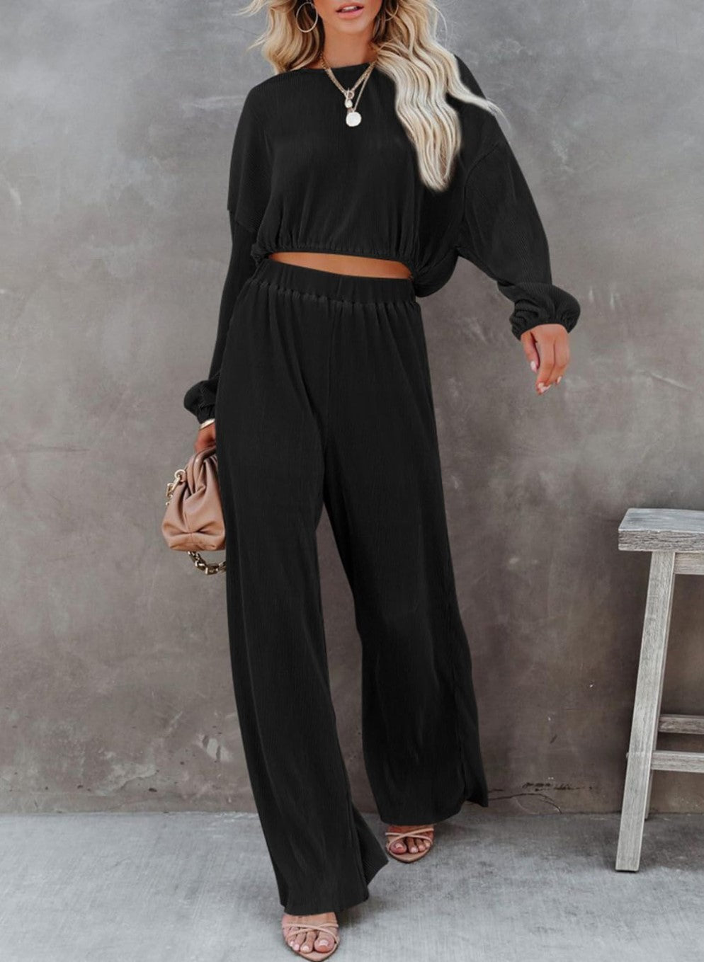 Women's Round-neck Long Sleeve Short Top And Wide Leg Pants Suit