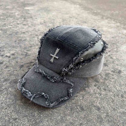 Washed Destroyed Leather Patchwork Denim Cross Baseball Cap