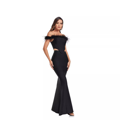 Ostrich Feather Off-shoulder Fishtail Dress Two-piece Set