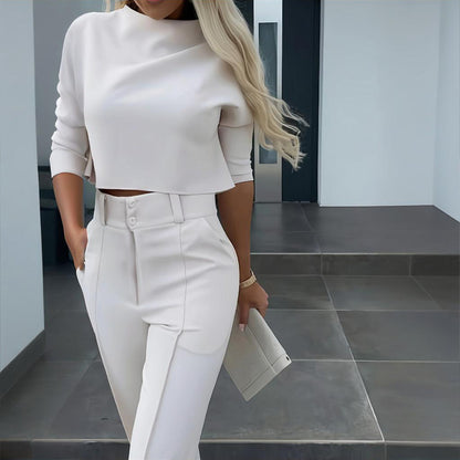 Women's Elegant Solid Color Half Sleeve Short Top With Straight Leg Pants Two-Piece Office Wear Suit With Pockets