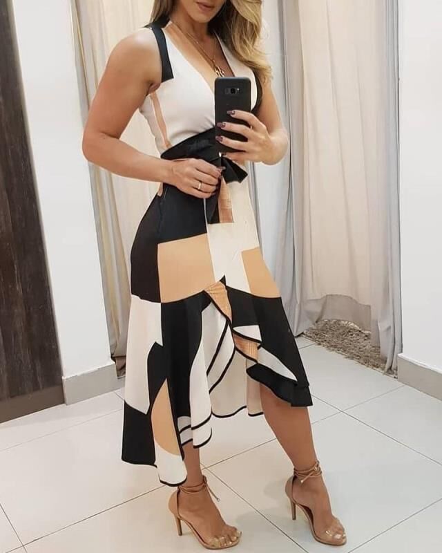 Sleeveless irregular waist color matching dress