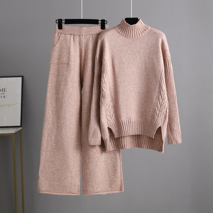 New Fashionable Stylish Sweater Suit Drape Knit Wide Leg Pants Two-piece Set For Women