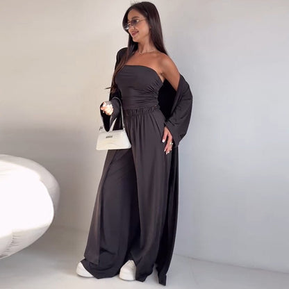 Casual Mid-calf Top Vest Long Cardigan Wide-leg Pants Three-piece Set