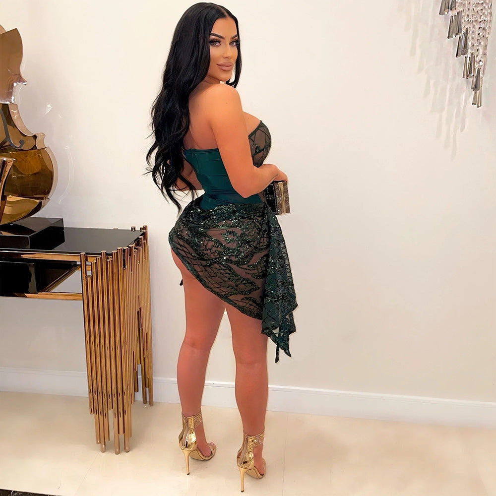 European And American Sexy V-neck Tube Top See-through Sequins Dress Women