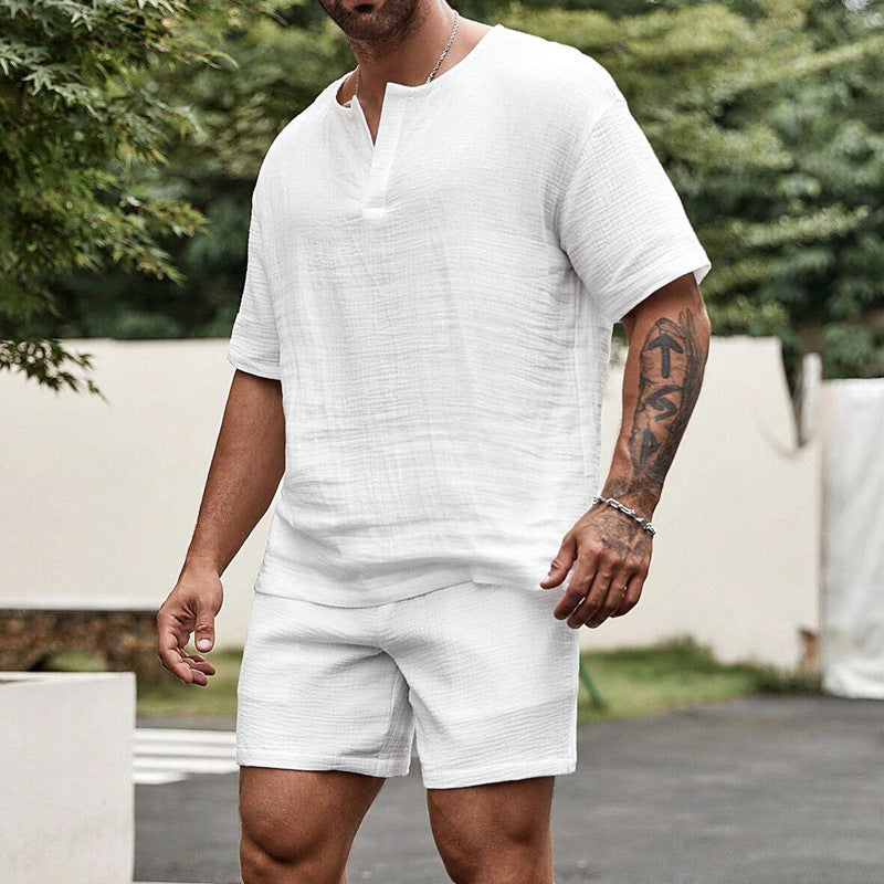 Summer Loose Casual Solid Color And V-neck Short Sleeve Shirt Shorts Suit