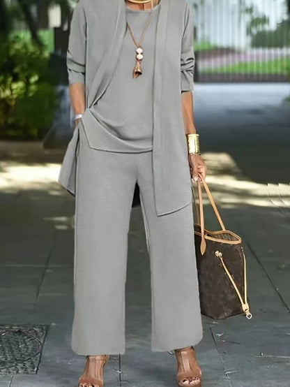 Pure Color Split Round Neck Sleeveless Vest Top Long Sleeve Cardigan Jacket Wide Leg Pants Suit