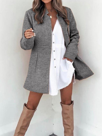 Clean Color Slim Long Sleeve Pocket Woolen Women's Coat