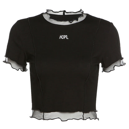 Fashion Letter Print Round Neck Wooden Ears Navel Exposed T Shirt Women