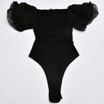 Mesh cutout princess sleeve slim bodysuit