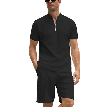 3D Simple POLO Men's Zip-up Shirt Short Sleeve Crew Neck Casual Shorts Suit