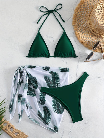 Bikini Three-piece Swimsuit Solid Color Swimsuit Printed Gauze Skirt