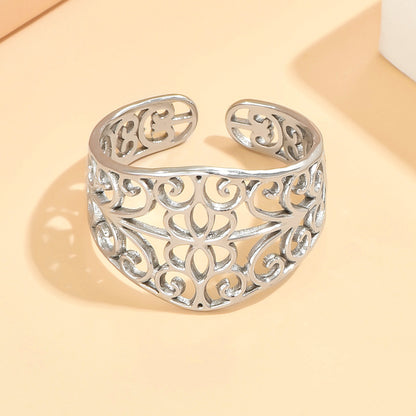 Elegant Court Retro Style Hollow Pattern Open Stainless Steel Ring For Women