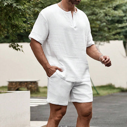 Summer Loose Casual Solid Color And V-neck Short Sleeve Shirt Shorts Suit