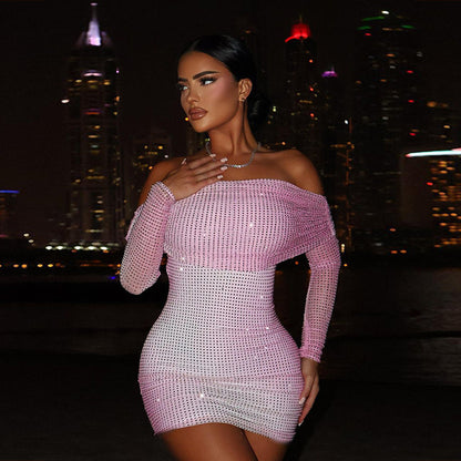 Off-shoulder Pleated Long Sleeve Dress Women