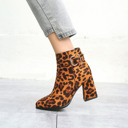 Leopard print chunky heel boots