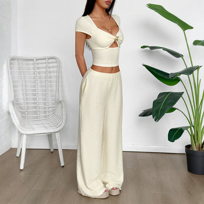 Sports Style Short Sleeve Vest Wide-leg Pants Suit For Women