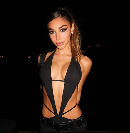 HTH 6006B Lace-up Halter Halter Sexy Belted Dress