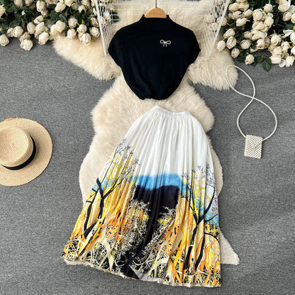 Women's Summer High-end Design Sense Niche Sleeveless Shirt Top Pleated Dress Two-piece Set